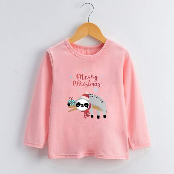 

Toddler Girls Cartoon Sloth And Christmas Print Tee, Baby pink