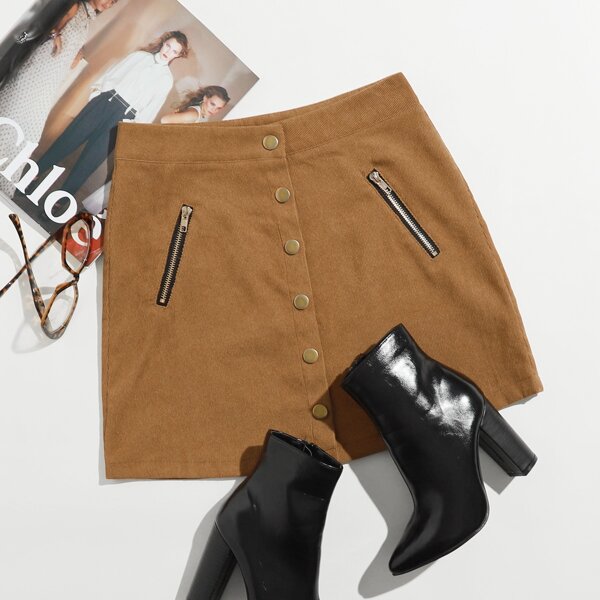 

Corduroy Button Front Zip Detail Skirt, Brown