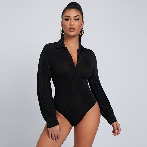 

Drop Shoulder Button Up Rib-knit Bodysuit, Black