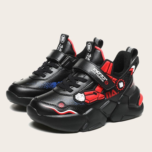 

Boys Chinese Letter Graphic Velcro Strap Chunky Sneakers, Black