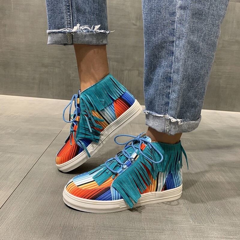 Fringe Trim Lace-up Front High Top Sneakers, Green