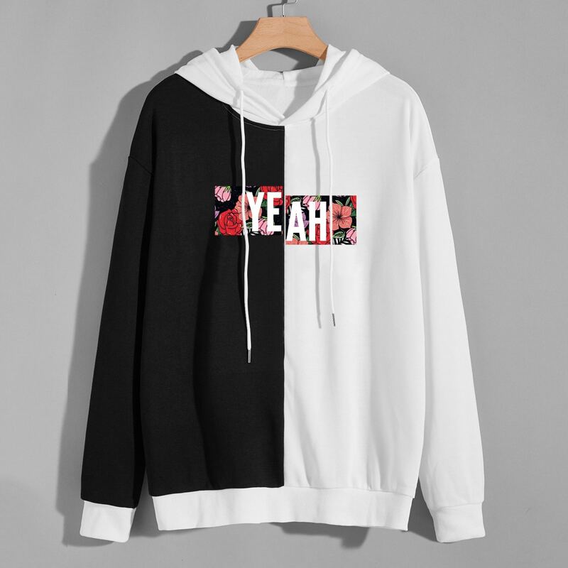 

Guys Letter Flower Graphic Colorblock Hoodie, Black and white