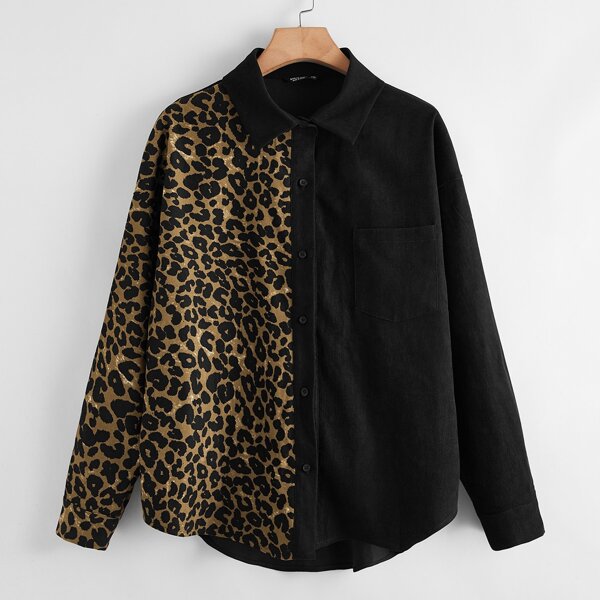 

Plus Two Tone Leopard Blouse, Black