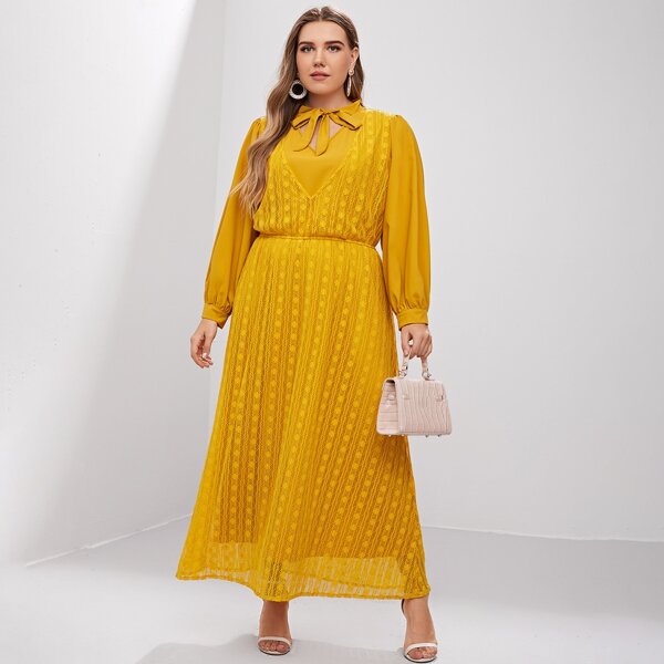 

Plus Contrast Lace Tie Neck Dress, Yellow