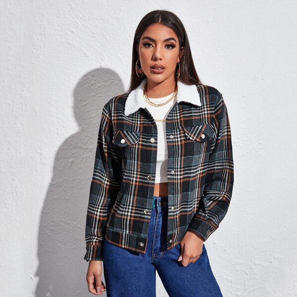 

Plaid Fake Pocket Jacket With Borg Collar, Multicolor