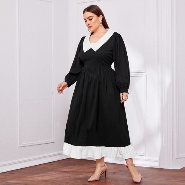 

Plus Peter Pan Collar Ruffle Hem Dress, Black