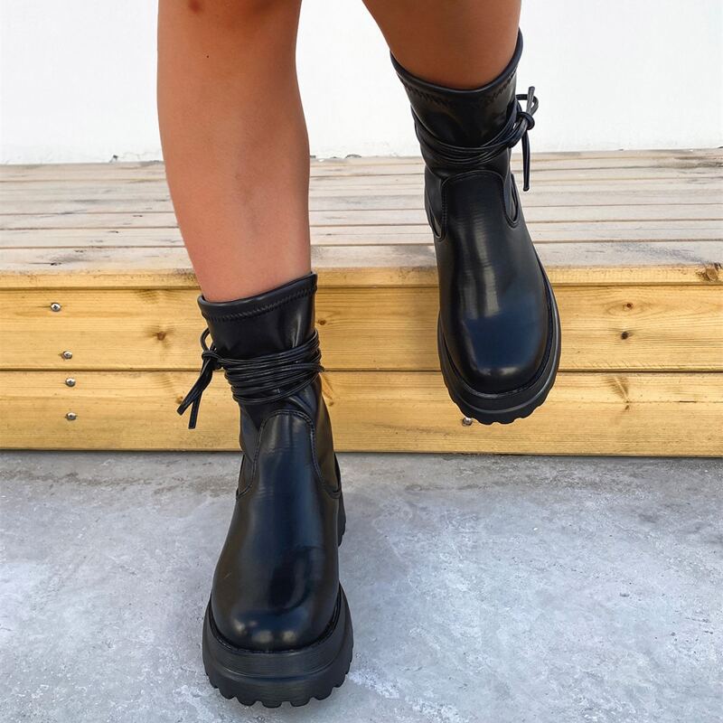 

Minimalist Tie Decor Combat Boots, Black