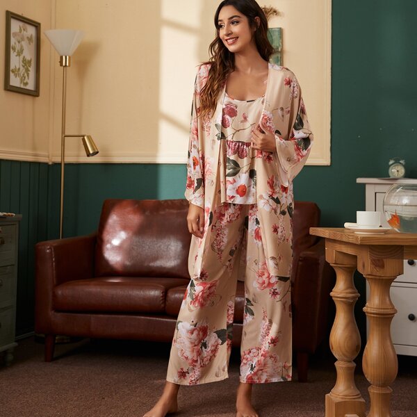 

3pcs Floral Print Pajama Set, Apricot