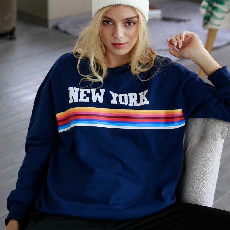 

Letter Graphic & Rainbow Striped Sweatshirt, Navy blue