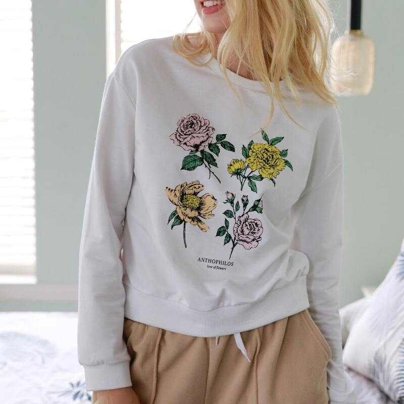 

Floral Print Drop Shoulder Sweatshirt, White