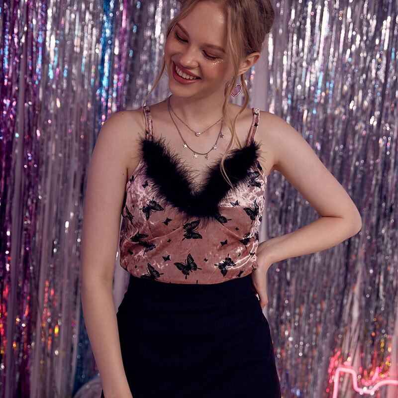 

Contrast Faux Fur Butterfly Pattern Cami Top, Pink