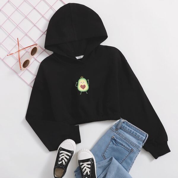 

Girls Cartoon Graphic Drop Shoulder Hoodie, Black