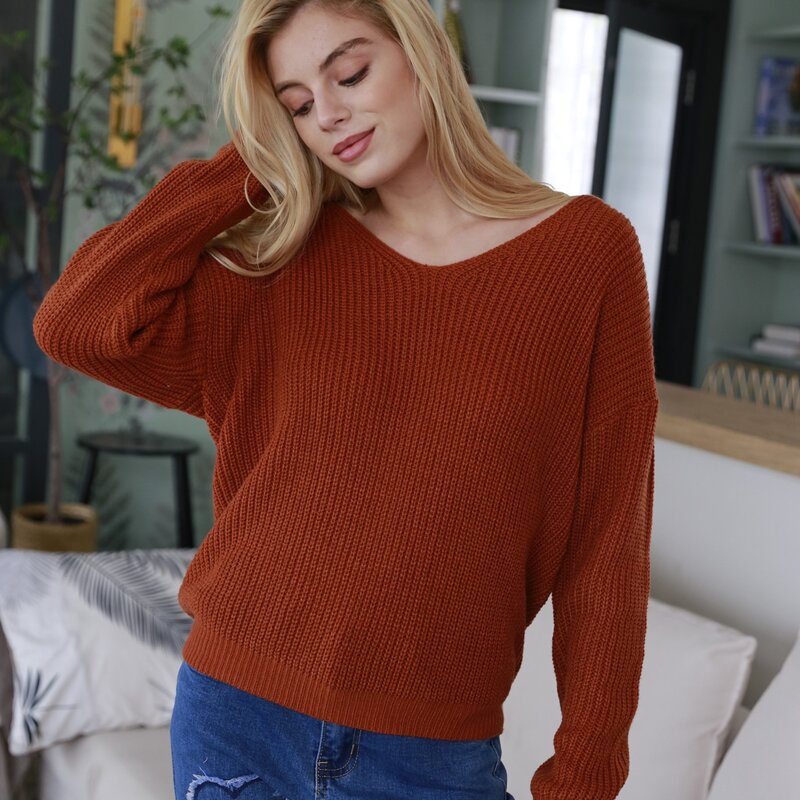 

V Neck Rib Knit Sweater, Rust brown