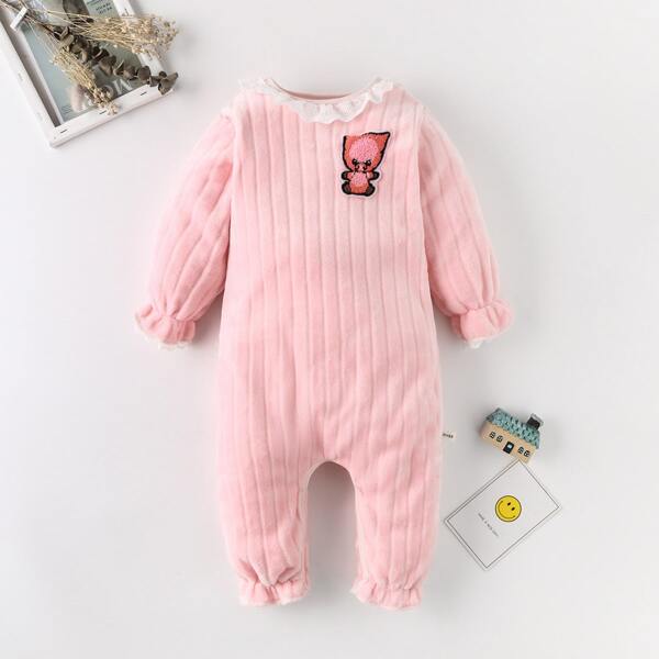 

Toddler Girls Patched Schiffy Panel Flannel Onesie, Baby pink