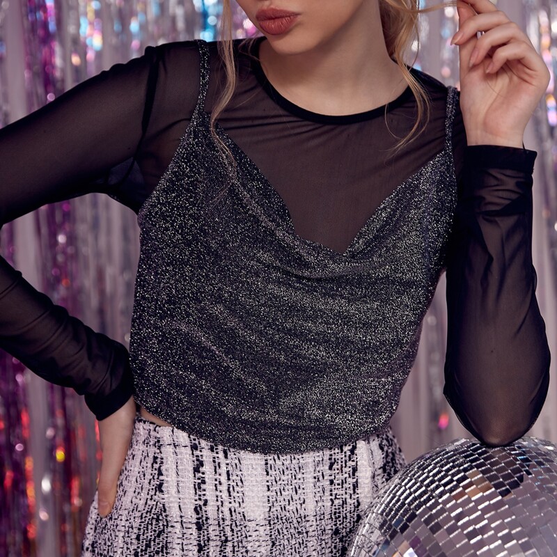 

Cowl Neck Glitter Cami Top, Black