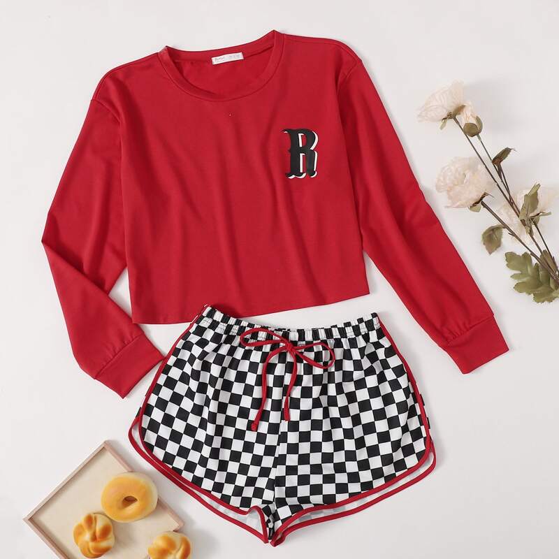

Letter & Checkerboard Print Shorts PJ Set, Multicolor