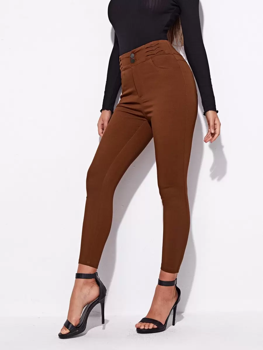 Chiquease 簡約高腰緊身牛仔褲 - 鏽棕色 - 查看 1
