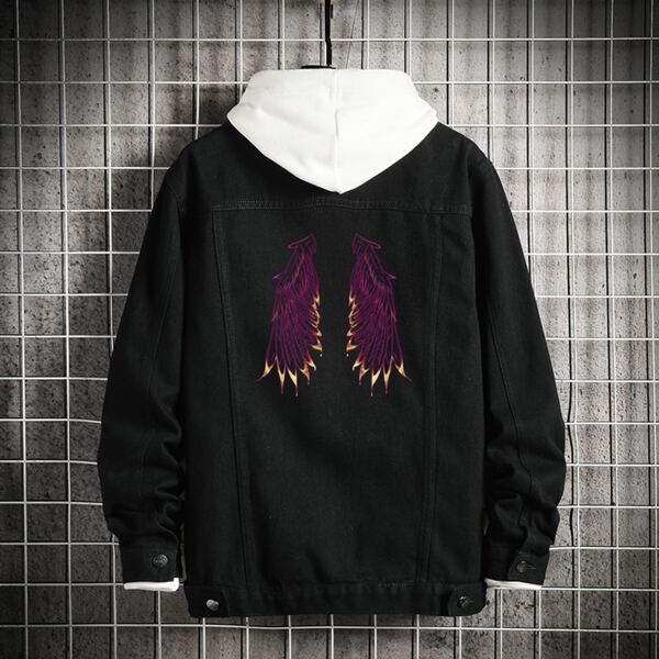 

Men Wings Print Single Breasted Denim Jacket Without Hoodie, Black
