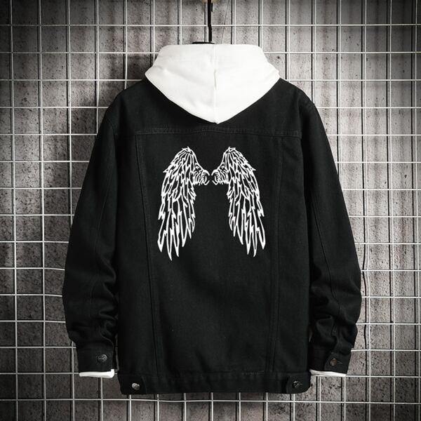 

Men Wings Print Single Breasted Denim Jacket Without Hoodie, Black