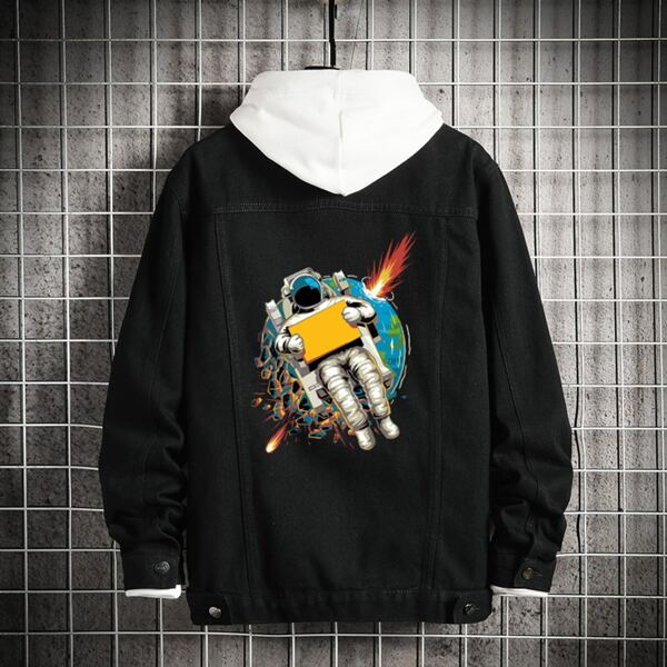 

Men Astronaut Print Single Breasted Denim Jacket Without Hoodie, Black