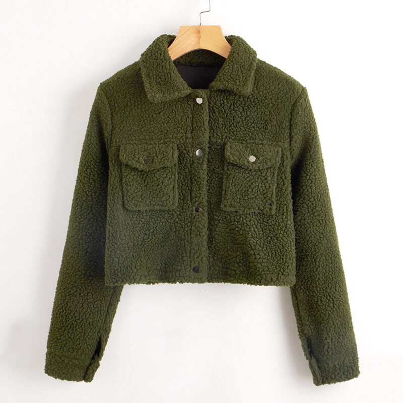 

Solid Button Front Teddy Jacket, Dark green