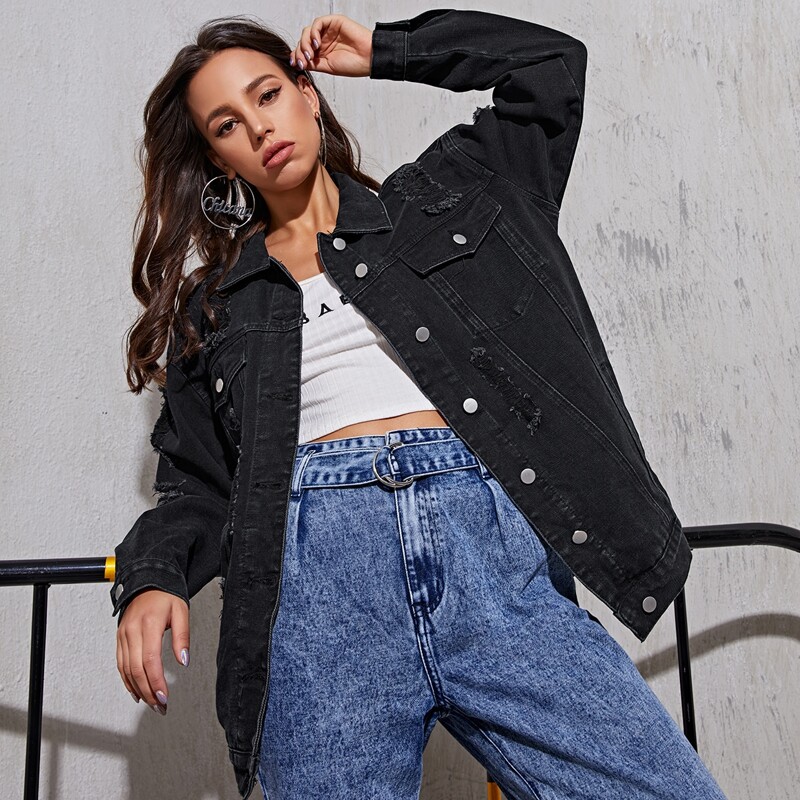 

Button Front Flap Pocket Ripped Denim Jacket, Black