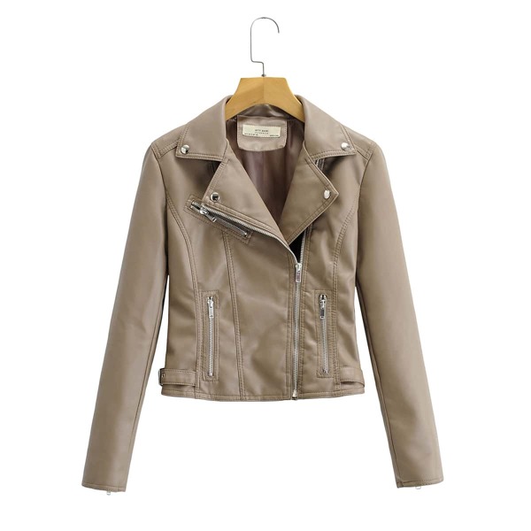 

Lapel Collar Zip Up PU Moto Jacket, Mocha brown
