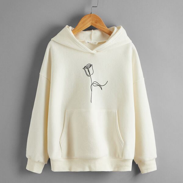 

Girls Floral Print Drop Shoulder Hoodie, Beige