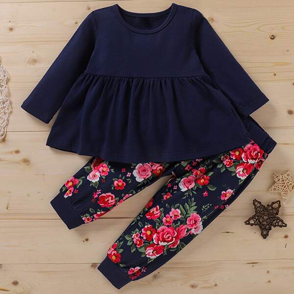 

Toddler Girls Ruffle Hem Tee With Floral Sweatpants, Multicolor