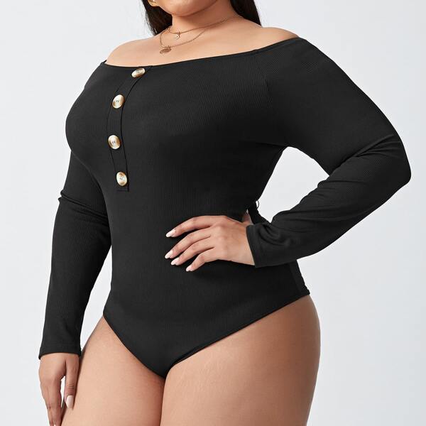 

Plus Bardot Button Front Bodysuit, Black