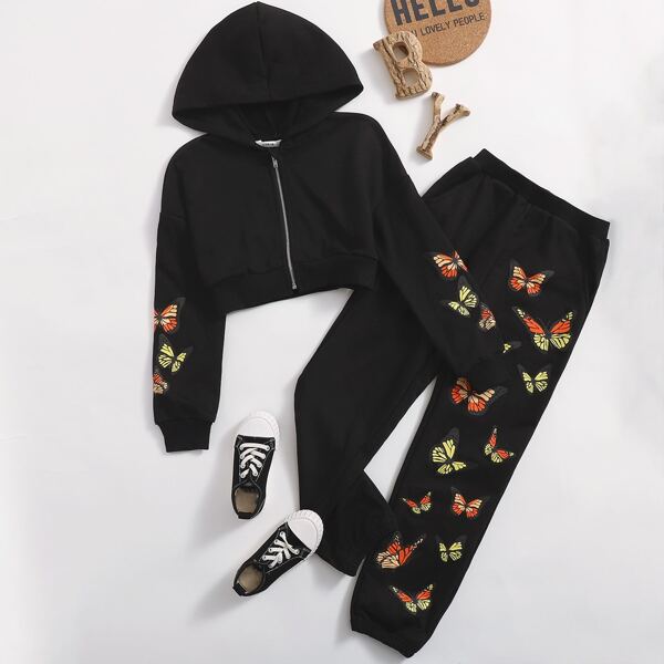 

Girls Zipper Front Butterfly Print Sweatshirt & Joggers Set, Black
