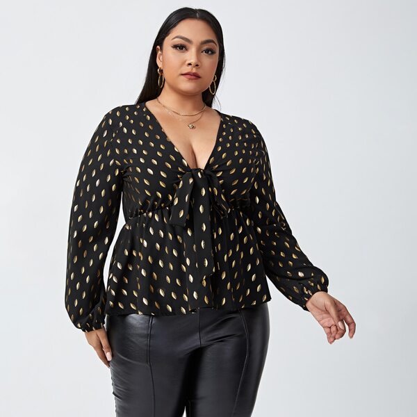 

Plus Gilding Print Tie Front Peplum Blouse, Black