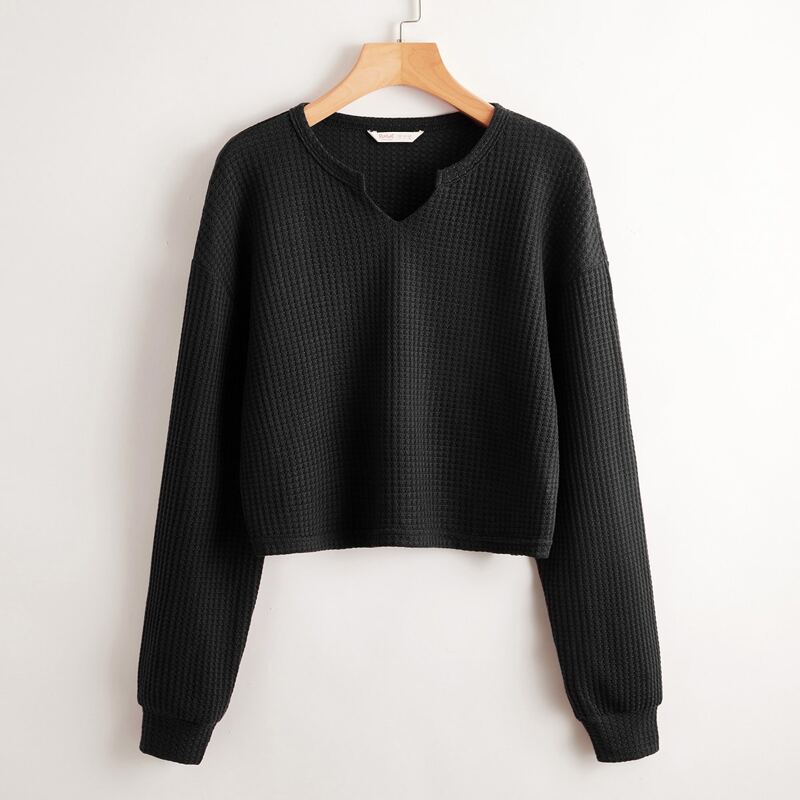 

Solid Notched Crop Tee, Black