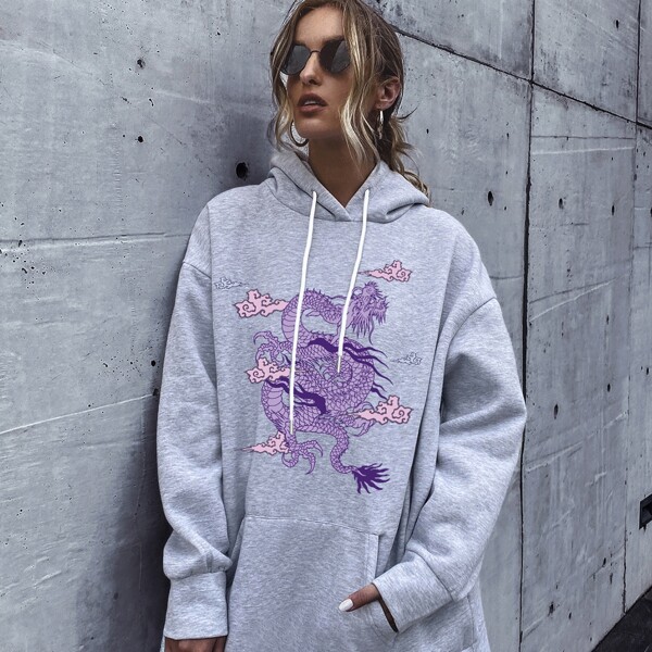 

Chinese Dragon Print Drawstring Oversized Hoodie, Light grey