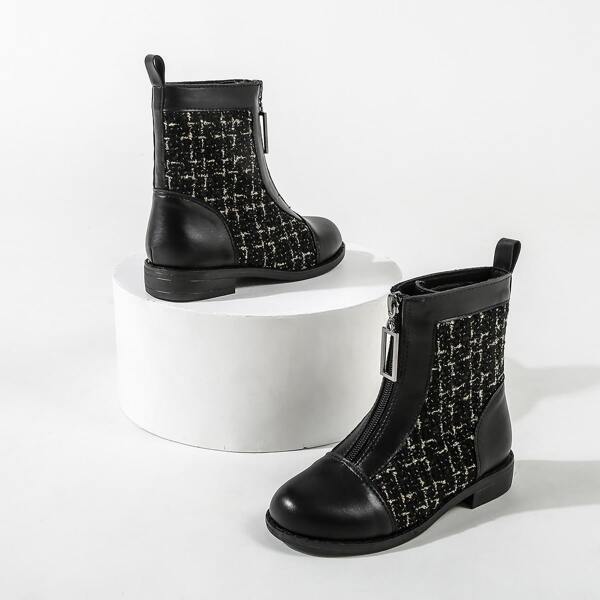 

Girls Front Zipper Decor Block Boots, Black
