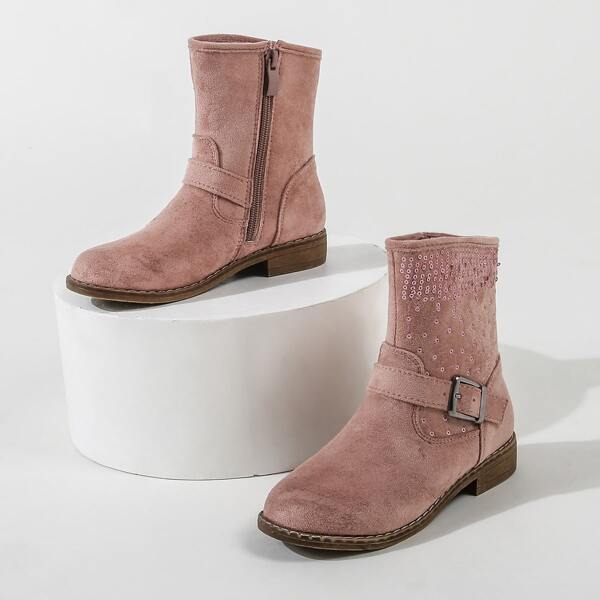 

Girls Buckle Decor Block Heeled Boots, Dusty pink