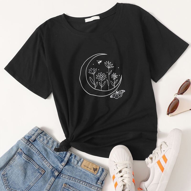 

Butterfly & Flower Graphic Tee, Black
