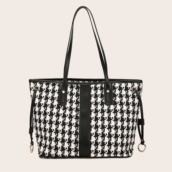 

Large Capacity Houndstooth Tote Bag, Black and white