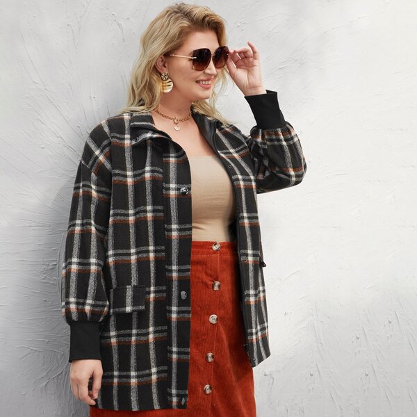 

Plus Plaid Button Up Drop Shoulder Overshirt, Multicolor