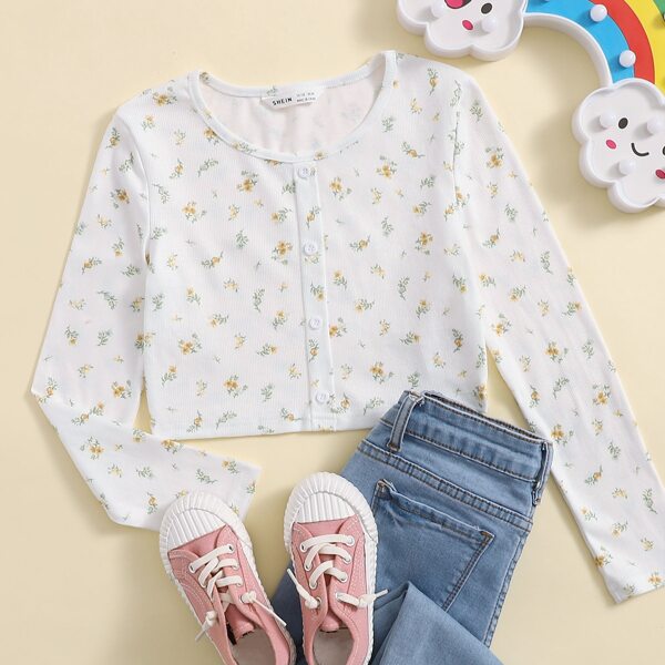 

Girls Ditsy Floral Print Button Front Crop Tee, White