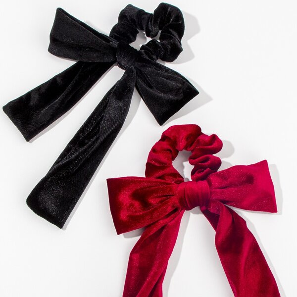 

2pcs Bow Knot Decor Velvet Scrunchie Scarf, Multicolor