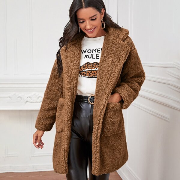 

Lapel Collar Dual Pockets Teddy Coat, Coffee brown