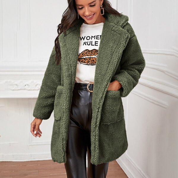 

Lapel Collar Dual Pockets Teddy Coat, Army green