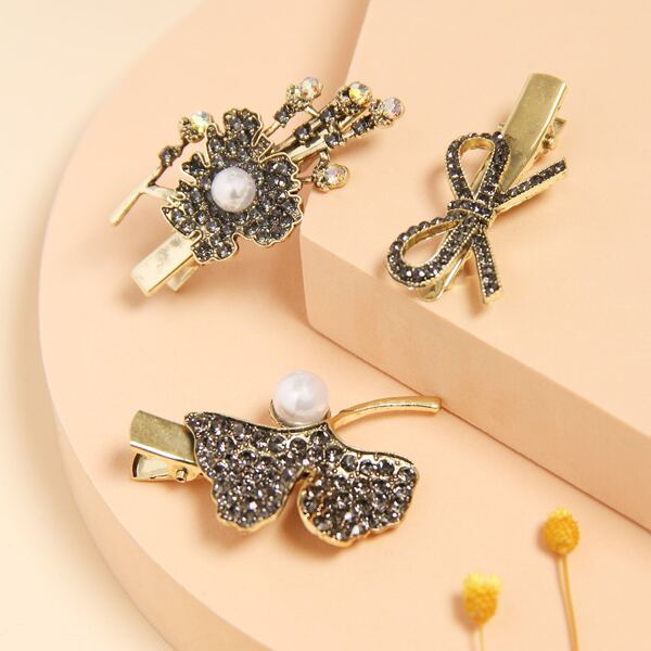 3pcs Faux Pearl Decor Hair Clip, Dark grey