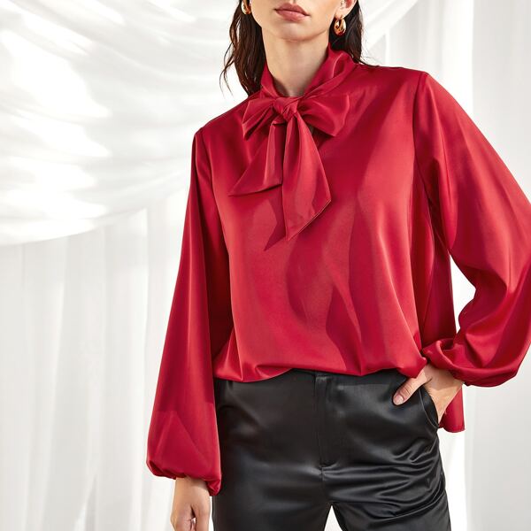 

Tie Neck Lantern Sleeve Top, Red