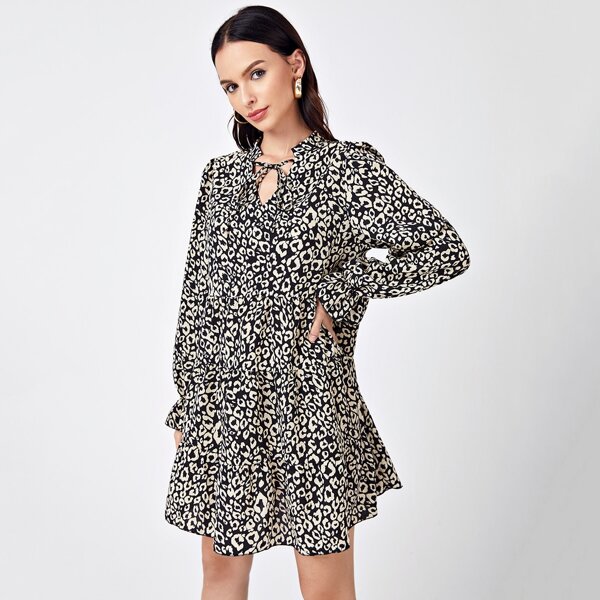 

Tie Neck Flounce Sleeve Leopard Smock Dress, Multicolor