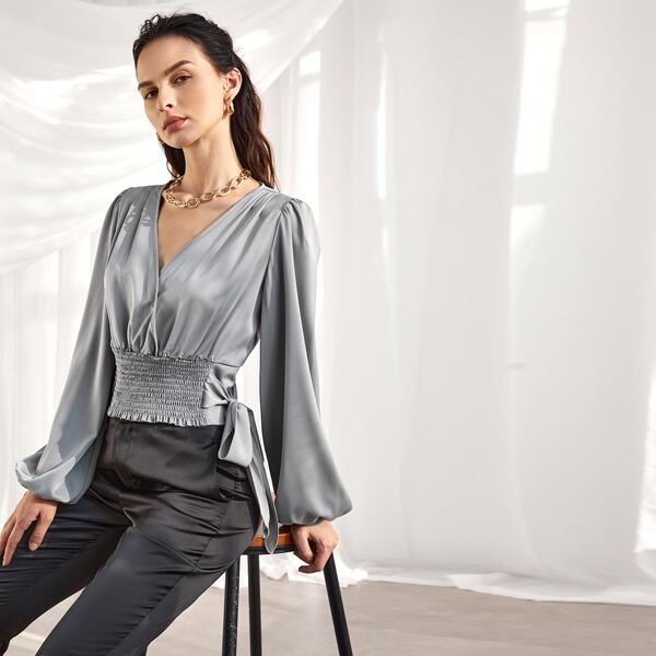 

Tie Side Lantern Sleeve Shirred Satin Top, Silver