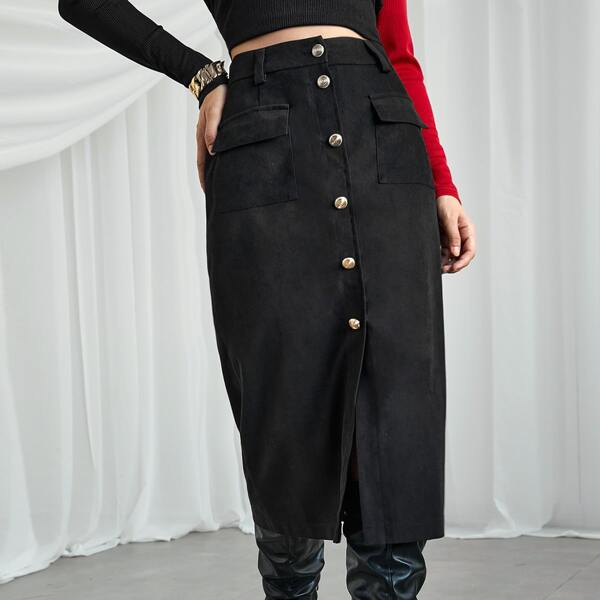 

Button Front Flap Pocket Skirt, Black