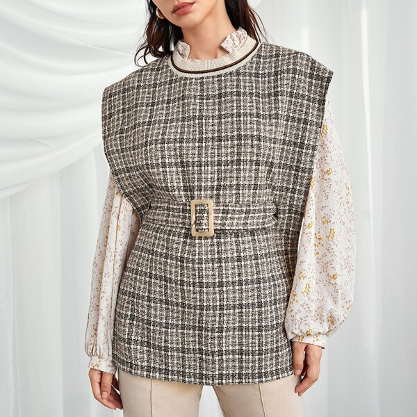 

Slid Side Buckle Strap Tweed Top, Multicolor