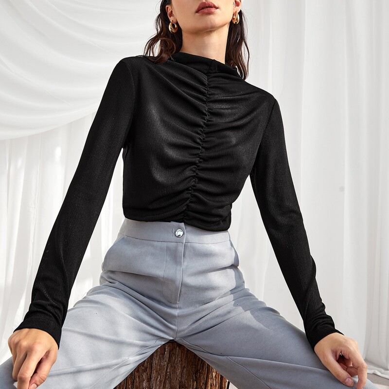 

Solid Ruched Rib-knit Tee, Black
